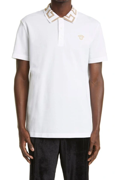 Versace Polo Shirt With Greek Pattern In Optical White