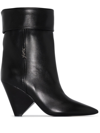 Saint Laurent Niki 85 Ysl-logo Leather Ankle Boots In Nero