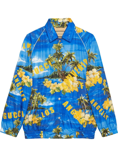 Gucci Logo And Floral-print Satin Jacket In Blue