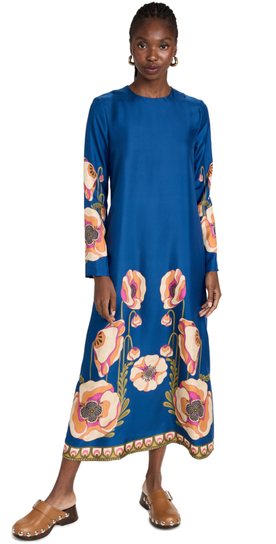 La Doublej Floral Printed Silk Long Sleeve Maxi Dress In Poppies Blue