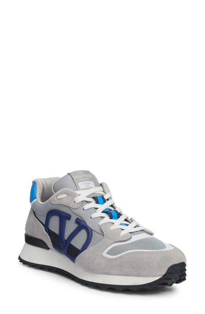 Valentino Garavani Vlogo Mixed Media Sneaker In Grey Blue