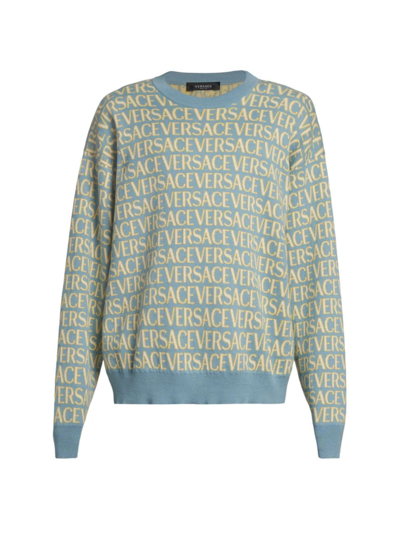 Versace Allover-jacquard Cotton Jumper In Light Blue Ivory