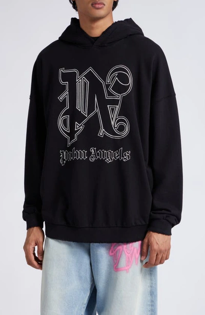 Palm Angels Logo Embroidered Hoodie In Black Off White