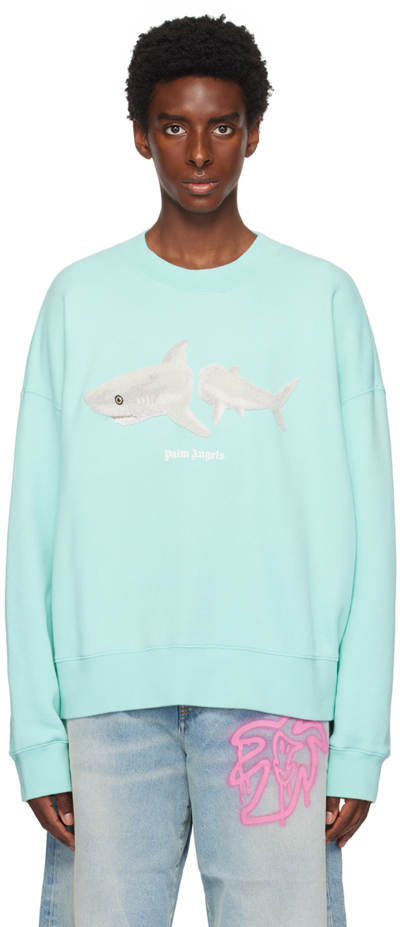 Palm Angels Shark Crewneck Sweatshirt In Light Blue,white