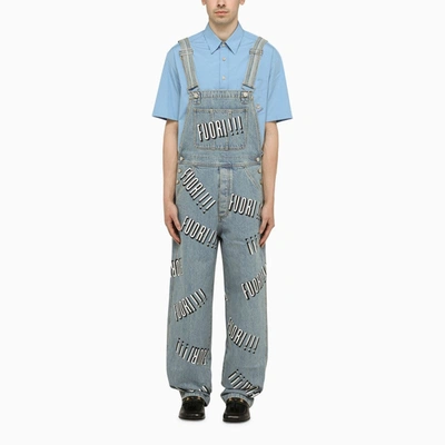 Gucci Fuori Slogan Denim Overalls In Light Blue