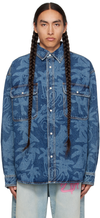 Palm Angels Palmity Laser-print Denim Shirt In Blue