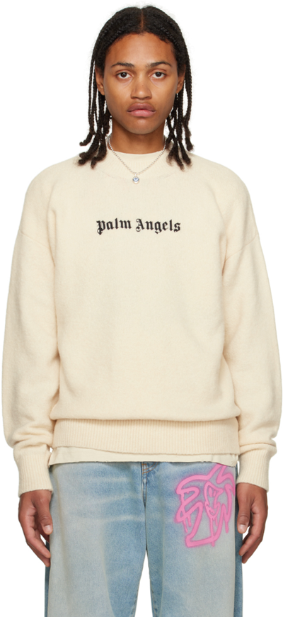 Palm Angels Logo-embroidered Wool-blend Jumper In White Black