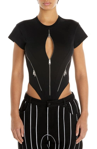 Mugler Zipped Cotton Jersey Bodysuit In Black