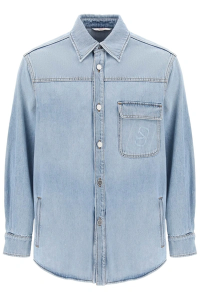 Valentino Denim Overshirt With Stamped Vlogo Signature In Blue