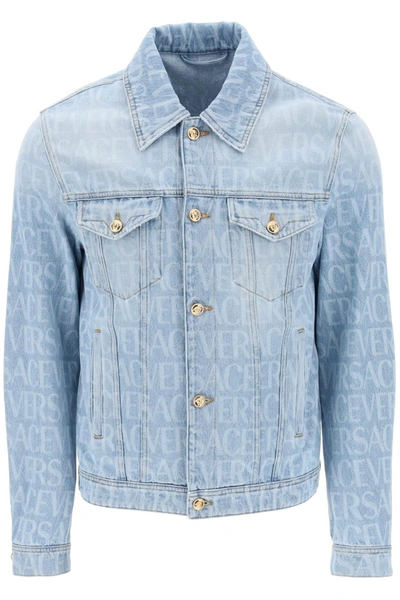 Versace Monogram Cotton Denim Jacket In Blue