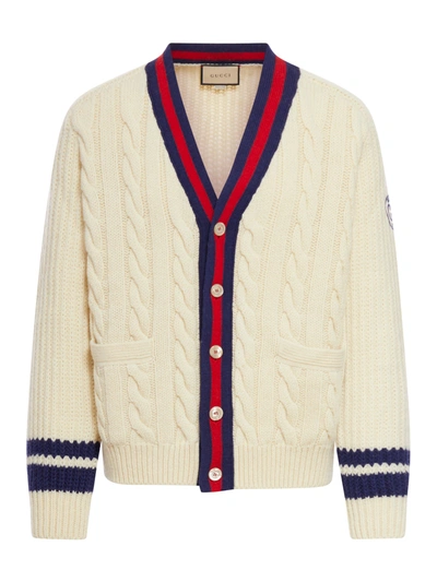 Gucci Web Stripe Cable-knit Wool Cardigan In Off-white