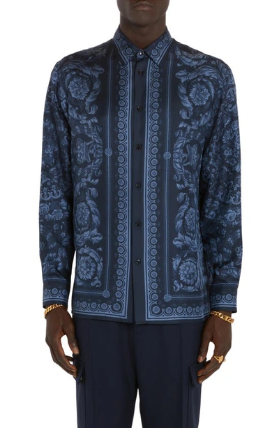 Versace All-over Barroco Print Silk Shirt In Blue