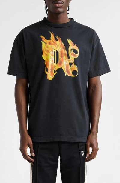 Palm Angels Burning Monogram Cotton T-shirt In Black,gold