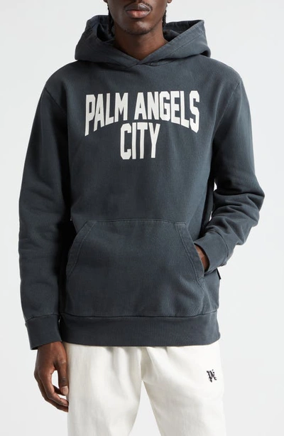 Palm Angels Pa City Washed Cotton Hoodie In Dark Grey,white