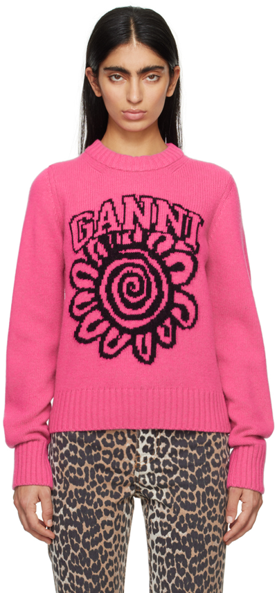 Ganni Floral-motif Crew-neck Jumper In Cone Flower