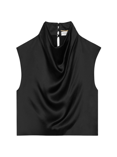 Saint Laurent Draped Sleeveless Satin Blouse In Black