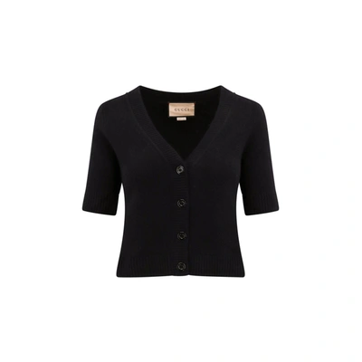 Gucci Ribbed Trim Cropped Cardigan In Black