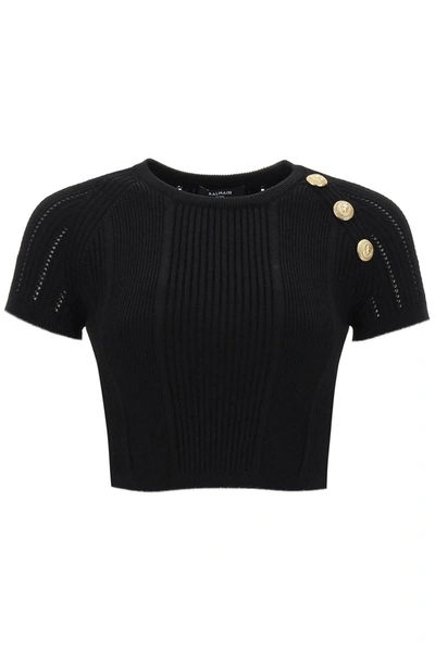 Balmain 3 Button Fine-knit Top In Black