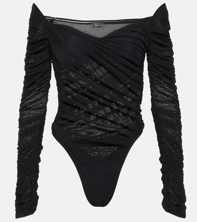 Mugler Ruched Mesh Bodysuit In Black