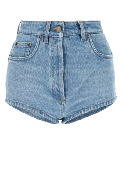 Prada Denim Shorts High-waisted Frayed Hem In Blue