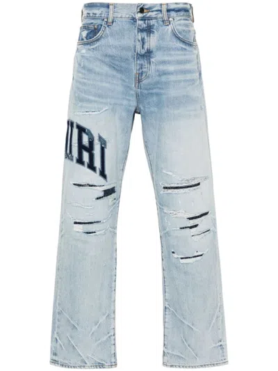 Amiri Varsity Logo Repair Mid-rise Straight-leg Jeans In 426 Perfect Indigo