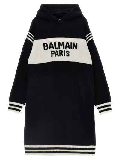 Balmain Kids' Logo Hooded Dress In Black