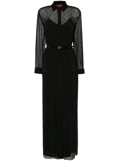 Gucci Gg Monogram Maxi Dress In Black