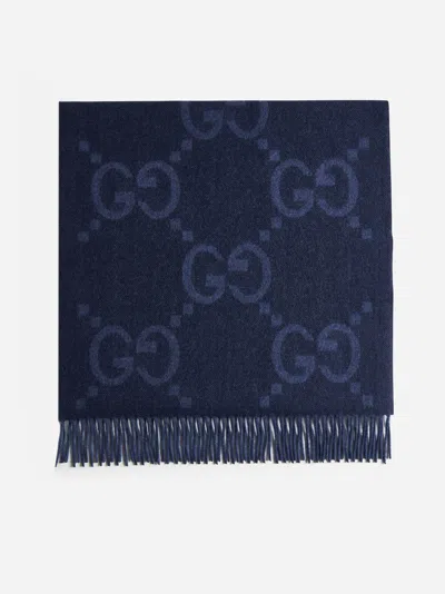 Gucci Gg Cashmere Jacquard Scarf In Blue