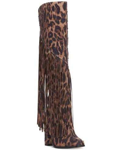 Jessica Simpson Women's Asire Knee-high Fringe Boots In Natural Leopard Rhinestone