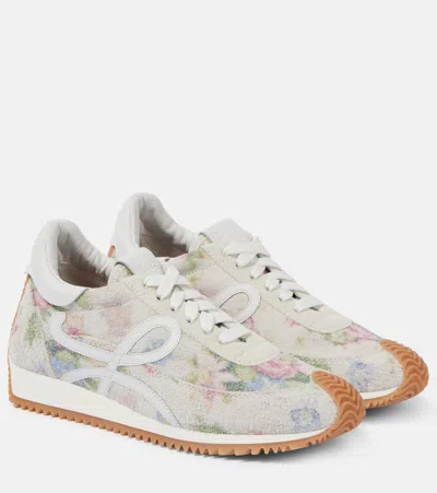 Loewe Flow Runner Floral Brushed Suede Sneakers In White