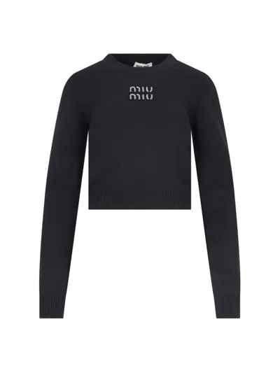 Miu Miu Cropped Sweater With Rhinestones In Black