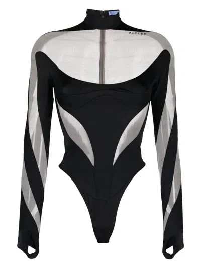 Mugler Paneled Bodysuit In Black