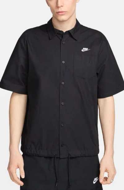 Nike Club Venice Short Sleeve Drawstring Hem Cotton Button-up Shirt In Black