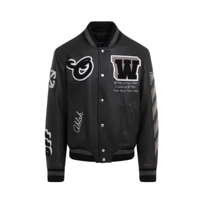 Off-white Black Leather Full Varsity Jacket