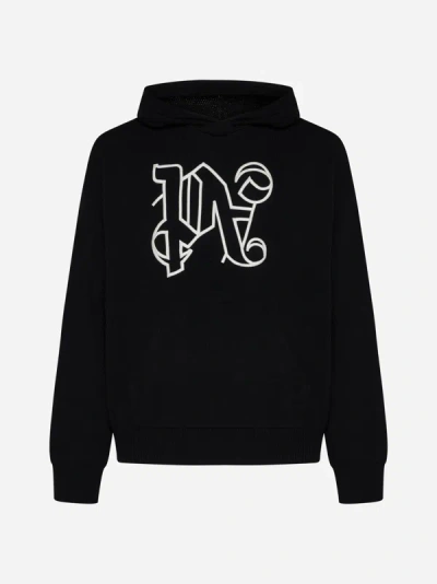 Palm Angels Monogram Knitted Wool Blend Hoodie In Black,off White