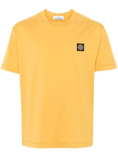 Stone Island Compass-patch Cotton T-shirt In Yellow & Orange