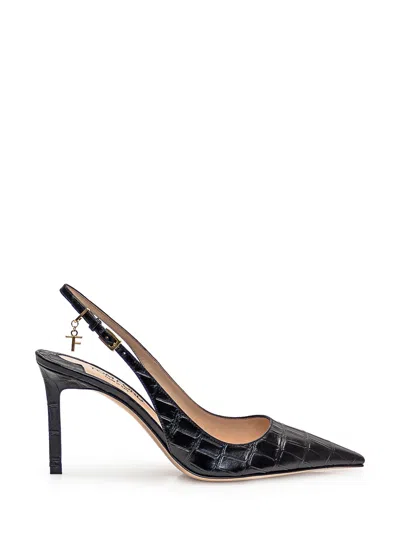 Tom Ford Angelina Logo-embellished Croc-effect Leather Slingback Pumps In Neutrals