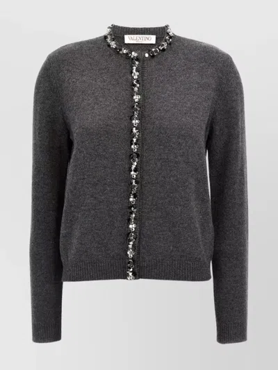 Valentino Crystal Sequins Crew Neck Cardigan In Gray