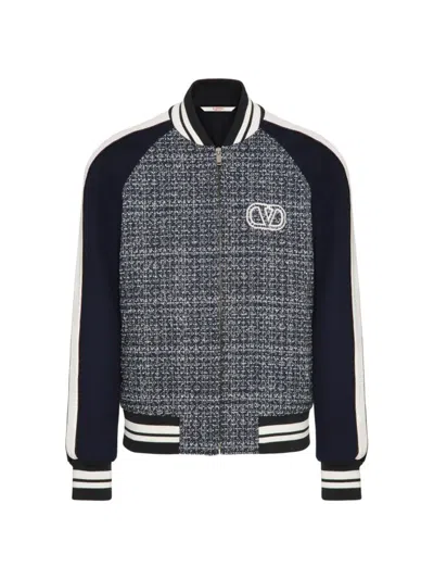 Valentino Tweed Bomber Jacket In White Navy