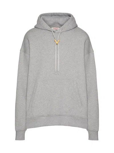 Valentino Cotton Hoodie With Metallic V Detail In Grey