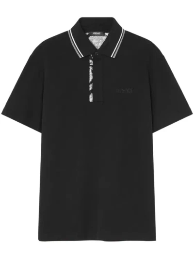 Versace Logo-embroidered Polo Shirt In Black