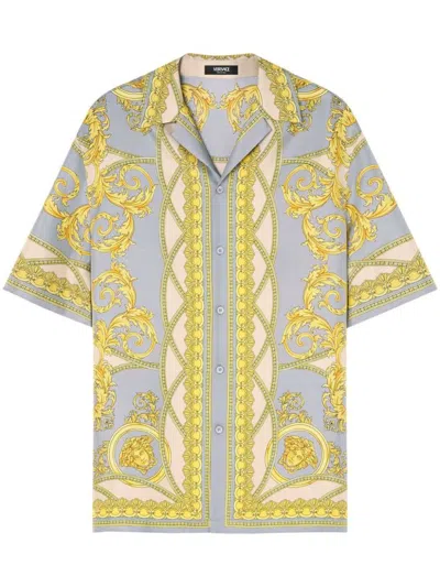 Versace Baroque-pattern Print Silk Shirt In Grey