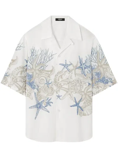 Versace Barocco Sea Cotton Shirt In White+dusty Blue+bone