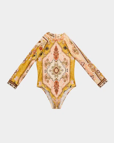 Zimmermann Kids' Girl's Wylie Floral-print Rashguard In Mustard Multi Musmu