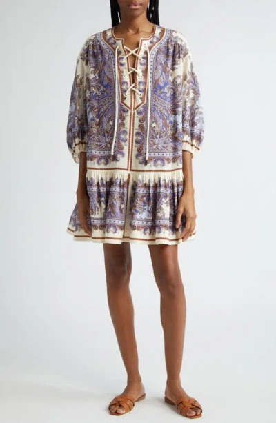 Zimmermann Ottie Paisley Lace-up Linen Minidress In Purple Paisley