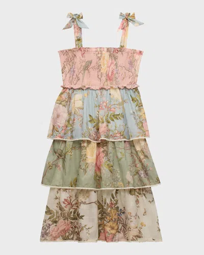 Zimmermann Kids' Tiered Floral Cotton Dress In Spliced