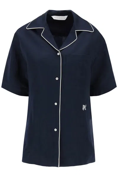 Shop Palm Angels Navy Blue Blue Linen-blend Shirt With White Piping For Women