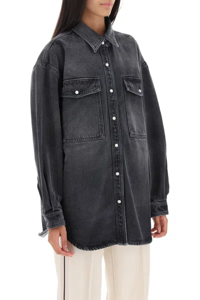 Shop Palm Angels Oversized Snap-up Black Denim Shirt For Women