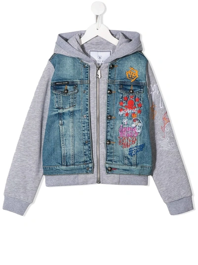 Philipp Plein Kids' Graffiti Print Zipped Jacket In Blue