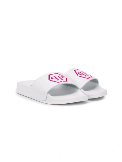 Philipp Plein Kids' Logo Print Slides In White